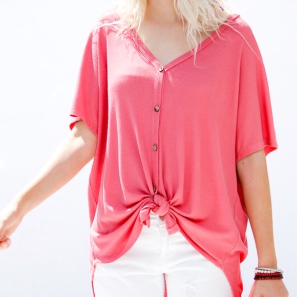 Tops - Waffle Knit Button Front Short Sleeve Top